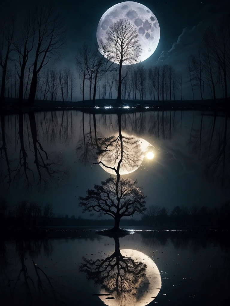 arafed image of a tree in a puddle with a full moon in the background, a photo by Igor Zenin, flickr, fantasy art, reflection of the moon, sandy white moon landscape, beautiful image ever created, beautiful!!! digital art, beautiful moonlight, gorgeous composition, moon landscape, surreal scene, beautiful moon light, amazing composition, beautiful art
