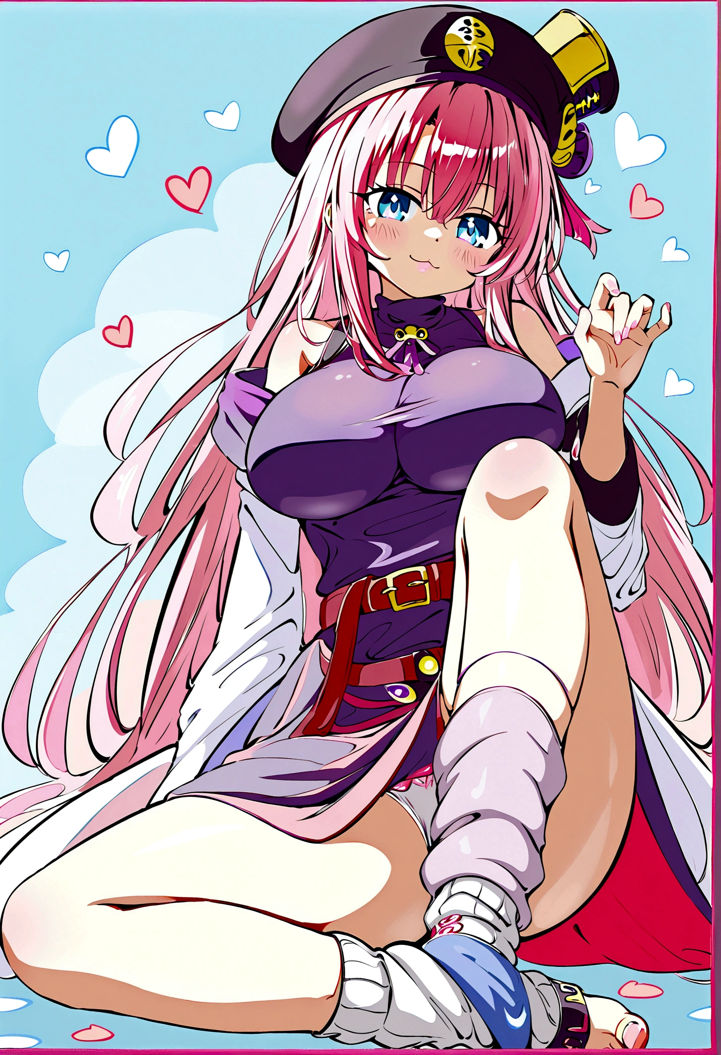 To Love-Ru、Purple off-the-shoulder mini skirt dress、Pink Hair、Big Breasts、White panties、Light purple loose socks、Provocative look、Raw thighs、Light blue eyes、Belt only on left thigh、jiangshi hat