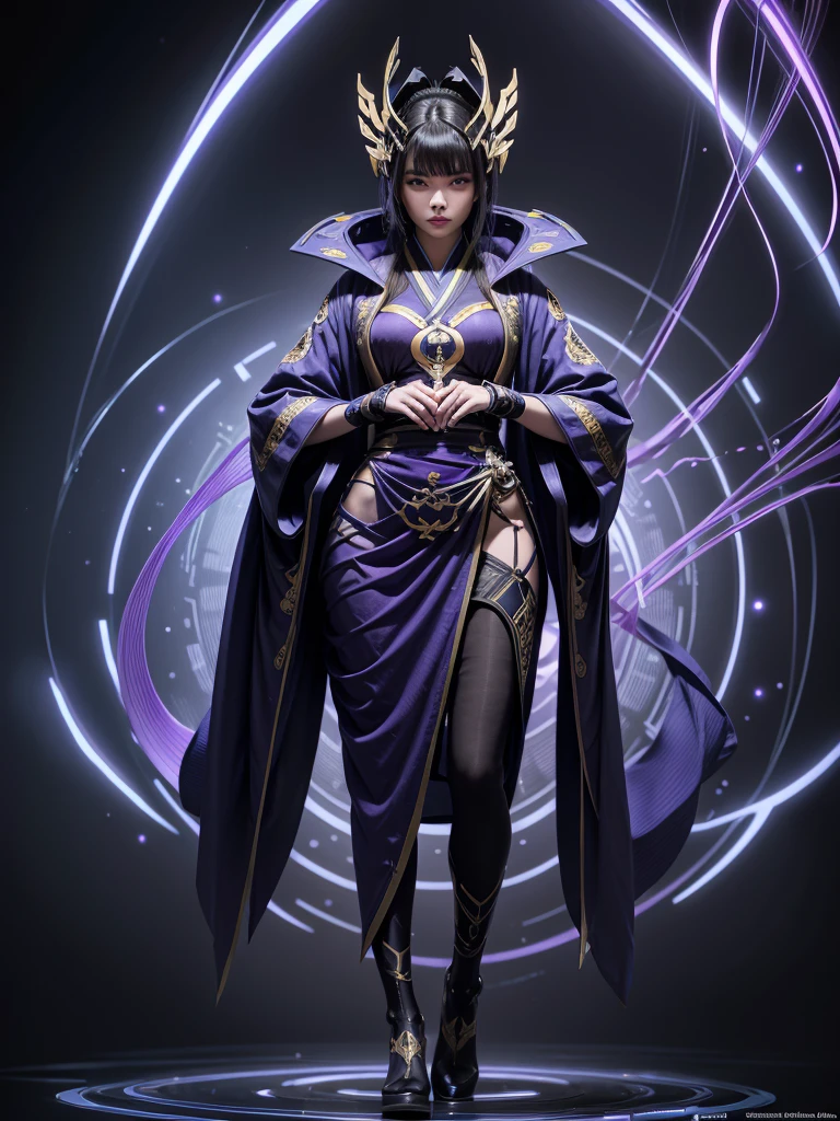 Lotus, a central figure in Warframe, wears a sleek, futuristic outfit, predominantly purple with blue and gold accents. Her look includes a long kimono with complex patterns, as well as various decorative and technological accessories. These elements highlight his authority, mystery and connection to high technology, creating a majestic and intimidating figure.