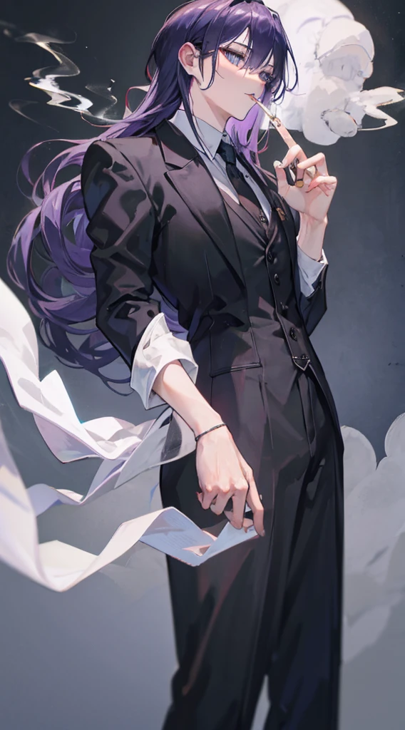 Long purple hair, wearing a black suit with a cigarette..