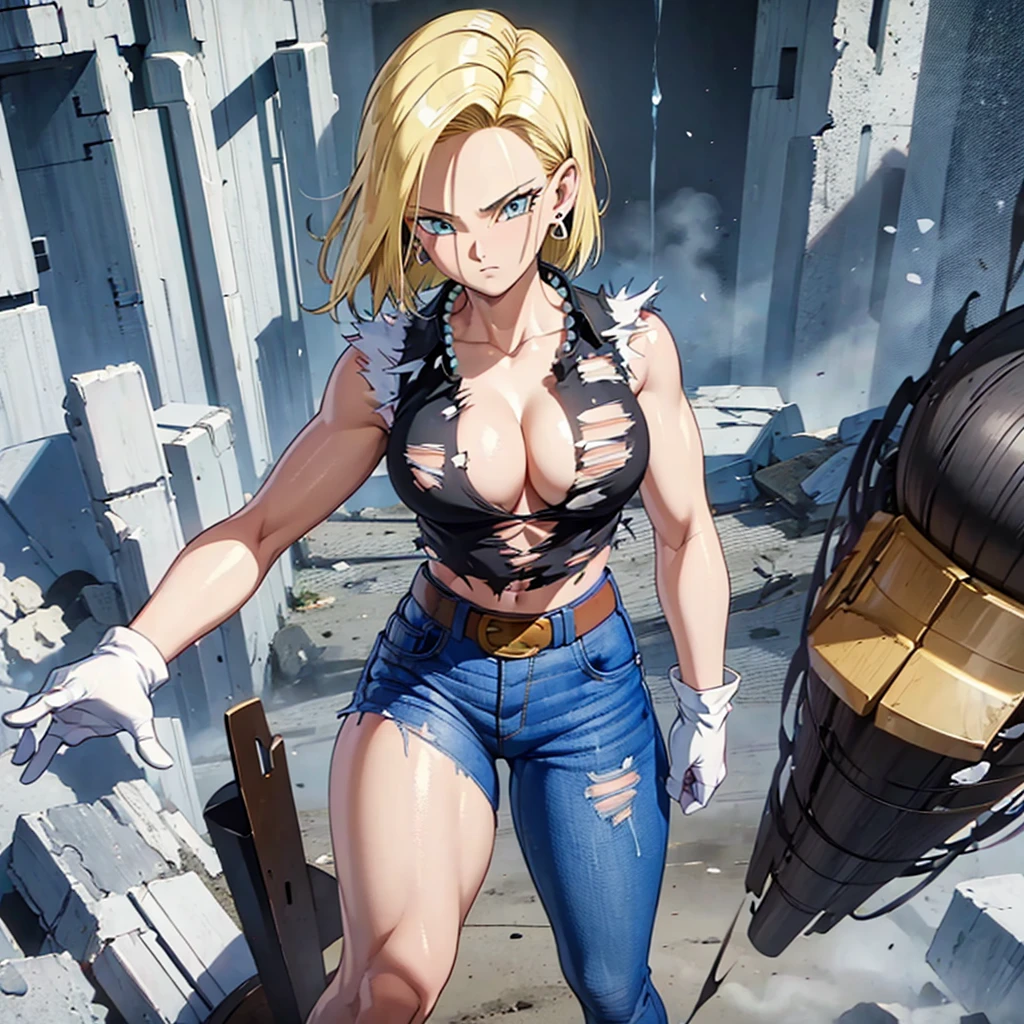 Naked, best quality, high definition, and18, 1girl, Android 18, solo, blonde hair, blue eyes, belt, jeans, pearl_necklace, bracelet, black gloves, cleavage, white shirt, short hair, short sleeves, earrings, blue pants, open vest, black vest, big breasts, wide hips, ass, legs apart, city, (torn clothes: 1.5), erotica, standing, expressionless,