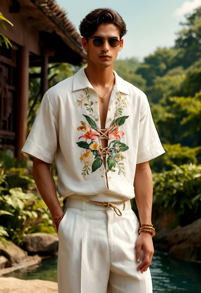 In a picturesque Chiang Mai setting, a young 1man and 1woman, both aged 18-25, showcase fashion outfits inspired by local culture and nature, all in elegant white. The man wears an oversized short-sleeved bowling shirt with subtle Lanna patterns and nature motifs, paired with relaxed-fit organic cotton or linen shorts, and a beige utility jacket with embroidered Lanna details. He completes his look with white leather-strap flip-flops, wooden-framed sunglasses, and a woven bracelet.
The woman complements him in a white maxi dress with Lanna-inspired floral and geometric motifs, a waist tie detail, and a sleeveless silk crop top underneath. Her ensemble includes an A-line skirt with wooden button details and a waist tie. She accessorizes with a wide-brimmed straw hat, beaded-strap sandals, and a necklace with a Lanna symbol pendant.
Standing amidst lush greenery and traditional Thai architecture, their white outfits contrast beautifully with the vibrant surroundings, blending contemporary style with cultural motifs and natural elements, celebrating the essence of Chiang Mai.