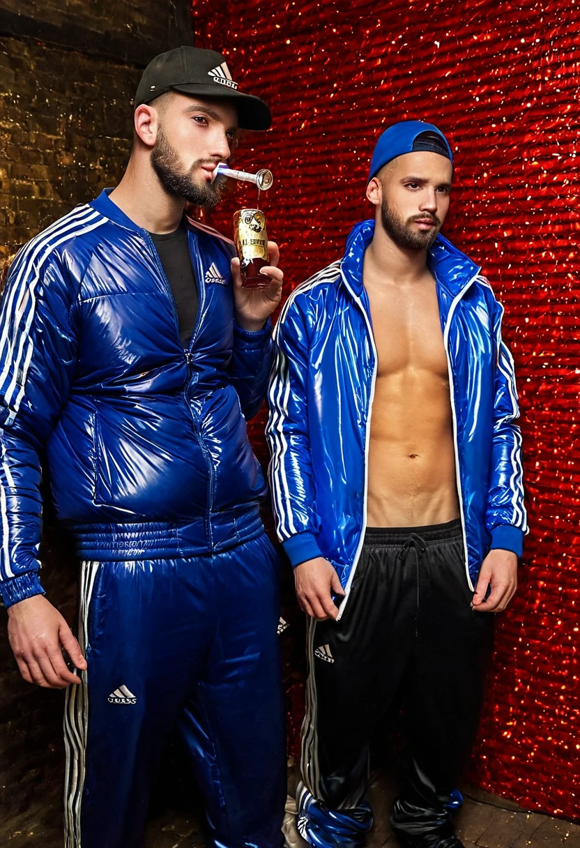 Graffiti urban style, portrait of medium body of two chav guys, handsome 30 year old Chavs,muscular and athletic,having a alcoholic drink inside a night disco in London, more scally guys men in the background:1.5+, with beard, full blue elecetric leather cap "adidas" in many colors shiny latex tracksuit with three red stripes on the sides++, ((low angle)), legs apart, dynamic pose, wearing a super inflated huge shiny black puffer jacket "Adidas",Extremely Realistic,depth of field:1.4, adidas tracksuit, detailed hand+, detailed hands+, perfect hand+, perfect hands+, masterpiece face+, masterpiece hands++, detaled hands, perfect hand, perfect body, realistic, ultra textured skin, ultra textured cloth+, super ultra textured materials+, small details corrected, highly textured skin+, textured clothing+, perfect hands+, hands without fused fingers+