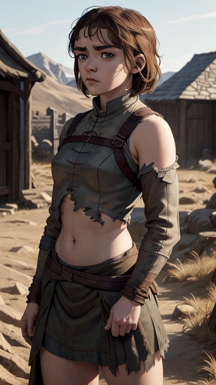 8k, Maisie Williams face, pale skin, toned abs, small breast, round ass, her round ass visible, brown hair, Maisie Williams as Arya Stark, torn ragged peasant clothes, standing stance, winterfell in background