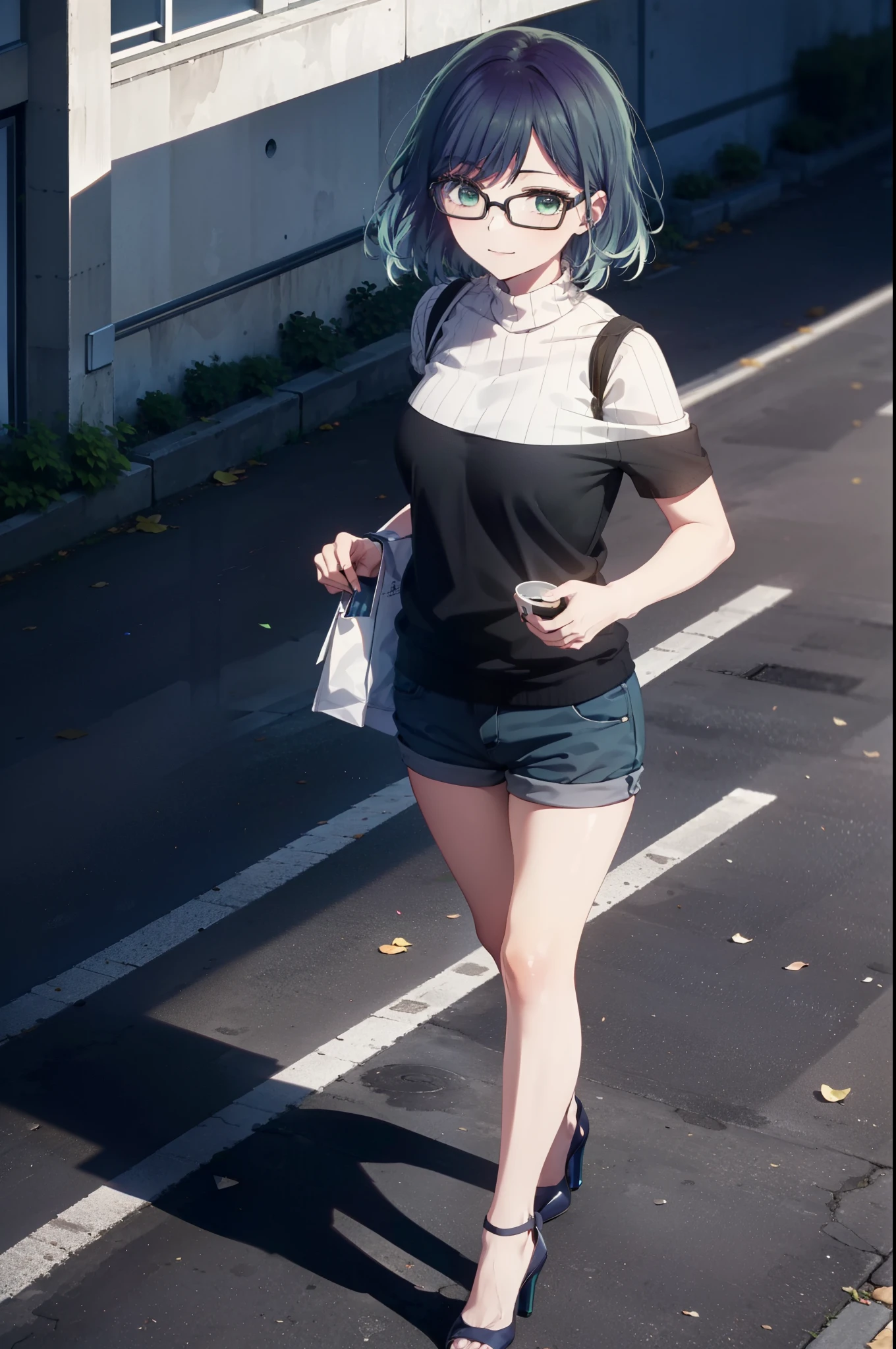 akanekurokawa, akane kurokawa, bangs, (Green Eyes:1.3), Blue Hair, Medium Hair, dark Blue Hair,smile,Black-rimmed glasses,Cold shoulder tops,Short sleeve,Shorts,Stiletto heels,Walking,Daytime,Clear skies,whole bodyがイラストに入るように,
break outdoors, School,courtyard,
break looking at viewer, whole body,
break (masterpiece:1.2), Highest quality, High resolution, unity 8k wallpaper, (figure:0.8), (Beautiful attention to detail:1.6), Highly detailed face, Perfect lighting, Highly detailed CG, (Perfect hands, Perfect ???????),