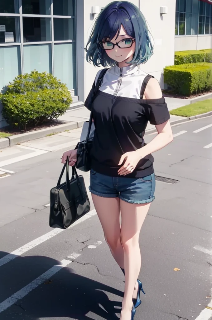 akanekurokawa, akane kurokawa, bangs, (Green Eyes:1.3), Blue Hair, Medium Hair, dark Blue Hair,smile,Black-rimmed glasses,Cold shoulder tops,Short sleeve,Shorts,Stiletto heels,Walking,Daytime,Clear skies,whole bodyがイラストに入るように,
break outdoors, School,courtyard,
break looking at viewer, whole body,
break (masterpiece:1.2), Highest quality, High resolution, unity 8k wallpaper, (figure:0.8), (Beautiful attention to detail:1.6), Highly detailed face, Perfect lighting, Highly detailed CG, (Perfect hands, Perfect Anatomy),