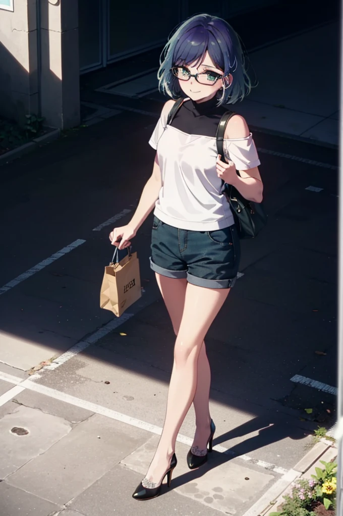 akanekurokawa, akane kurokawa, bangs, (Green Eyes:1.3), Blue Hair, Medium Hair, dark Blue Hair,smile,Black-rimmed glasses,Cold shoulder tops,Short sleeve,Shorts,Stiletto heels,Walking,Daytime,Clear skies,whole bodyがイラストに入るように,
break outdoors, School,courtyard,
break looking at viewer, whole body,
break (masterpiece:1.2), Highest quality, High resolution, unity 8k wallpaper, (figure:0.8), (Beautiful attention to detail:1.6), Highly detailed face, Perfect lighting, Highly detailed CG, (Perfect hands, Perfect Anatomy),