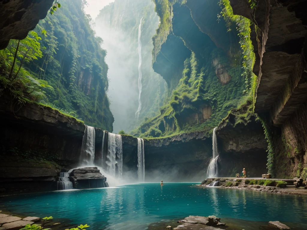 A photo that invites you to explore the depths of a lush canyon, Waterfalls soar into the sky,Merges into the pristine pool below, The mist and leaves add an air of mystery and beauty to the scene., Photo by Oliver Vegas.