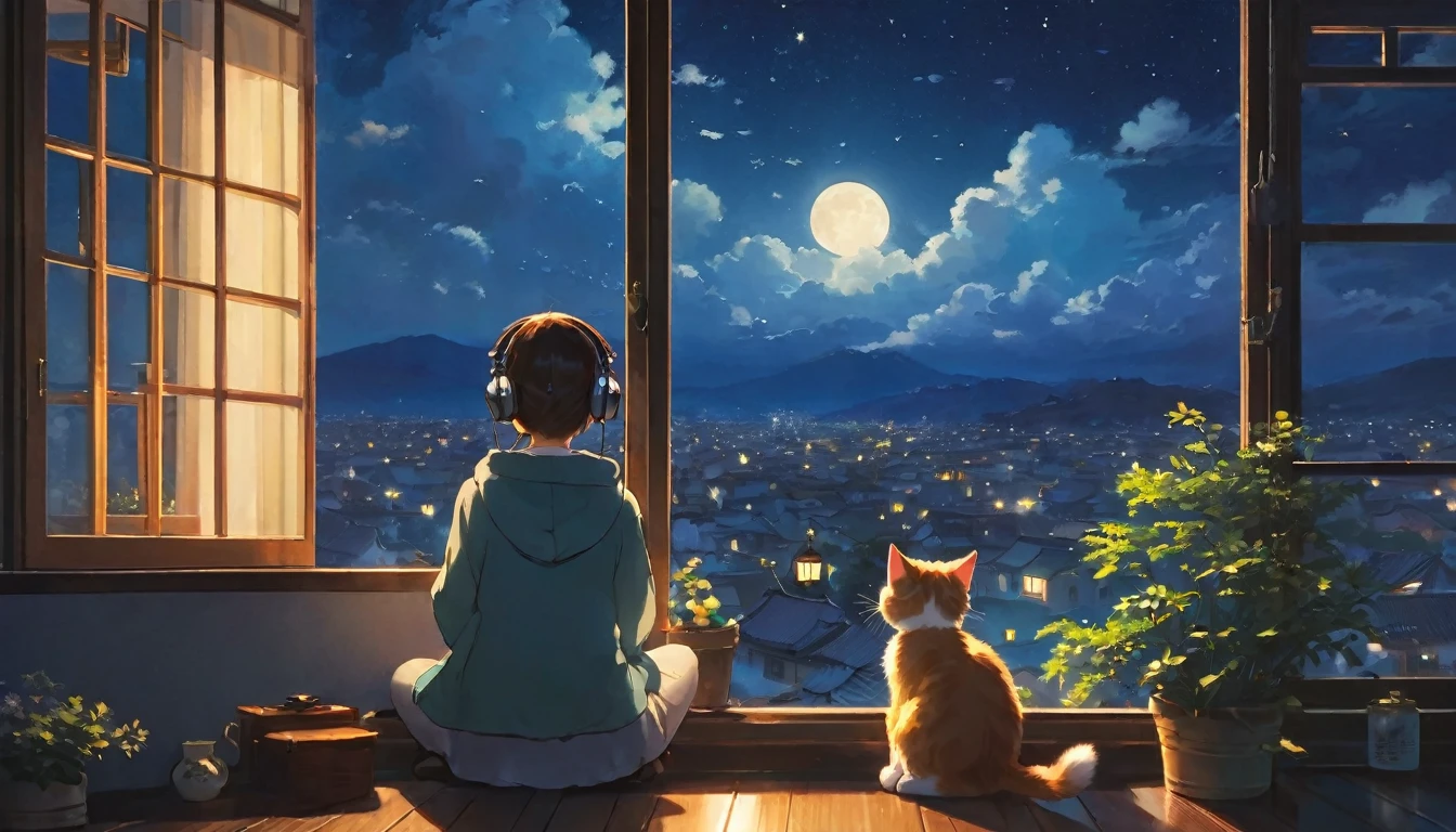 The style of Ghibli animation，The night sky appears deep and calm，The clouds are very thick，The moonlight shines through the gaps in the clouds，Appear soft and warm。A girl，Sitting by the window，Wearing headphones，There is a cute kitten next to it，His eyes were staring into the distance，My thoughts wander in the cold night of Beginning of Winter，There is a touch of tranquility and warmth on the face。(best quality,4K,8K,High resolution,masterpiece:1.2),Extremely detailed.