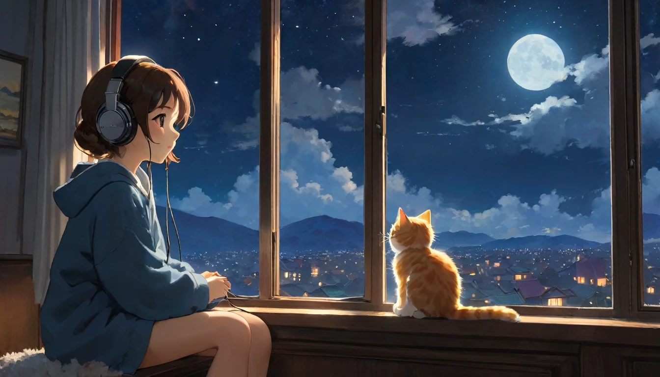 The style of Ghibli animation,The night sky appears deep and calm,The clouds are very thick,The moonlight shines through the gaps in the clouds,Appear soft and warm。A girl,Sitting by the window,Wearing headphones,There is a cute kitten next to it,His eyes were staring into the distance,My thoughts wander in the cold night of Beginning of Winter,There is a touch of tranquility and warmth on the face。(best quality,4K,8K,High resolution,masterpiece:1.2),Extremely detailed.