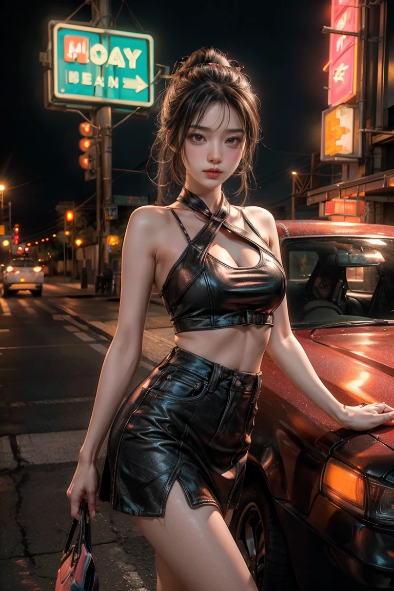 ((masterpiece, best quality, Best image quality, high resolution, Practical, RAW photos, 8K)), Motel open air view,Cars parked in front, with Neon, A woman waits for guests in front of a motel, , Short skirt and high heels, Route 66, Neon, 1950 Second American Tour, some have Neon, 外面的Neon, Neon, gigantic Neon, Neon Store, few Neon, Neon in background,