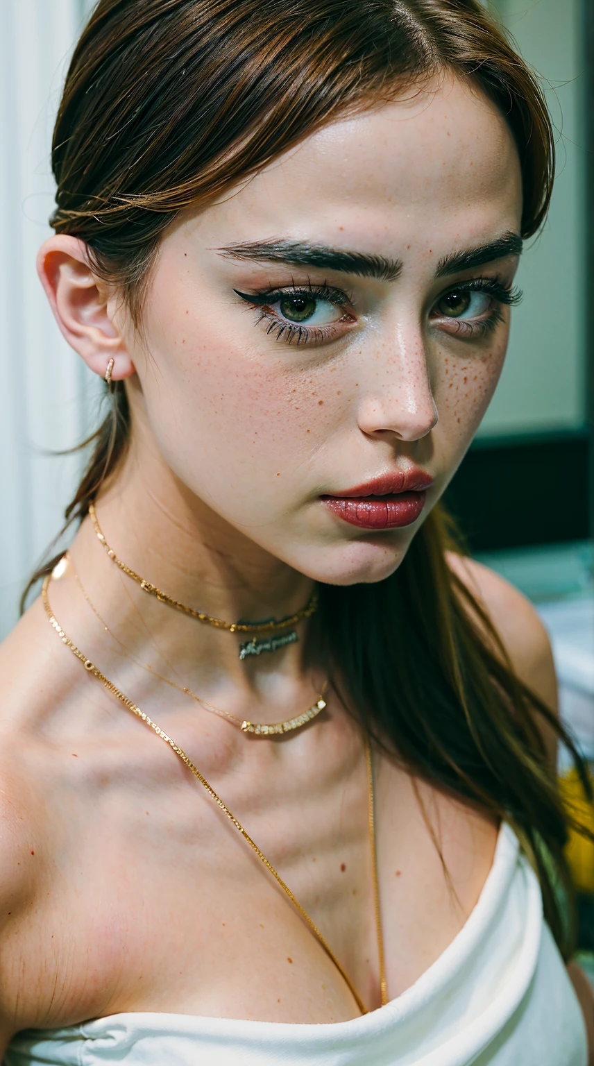 1girl, (18 years old),(skin texture), Super high res closeup portrait photo oF 1girl wearing no makeup, She wore a small string choker around her neck.,F /2.8, Canon, 85mm,cinematographic, high quality, skin texture, looking to the camera,