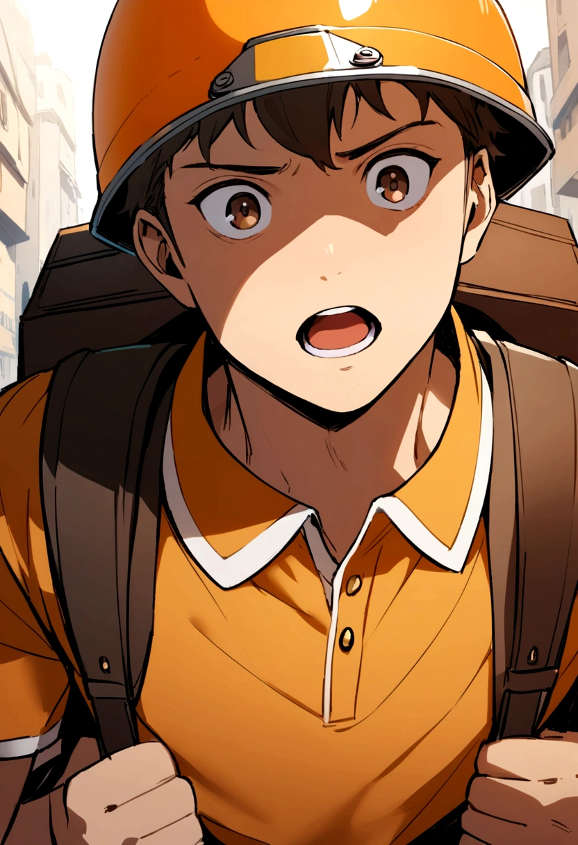 The boy wore an orange helmet with yellow trim, brown eyes, an orange polo shirt with white trim, a black backpack, and was carrying a small box.
