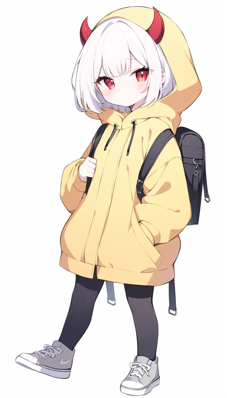 r, devil girl, little red horns, white hair, short fluffy hair, big red eyes, pale skin, rosy cheeks, medium breasts, red cheeks, yellow hooded coat, black pants, gray sneakers, black backpack, covered eyes through the hood, white background, full body