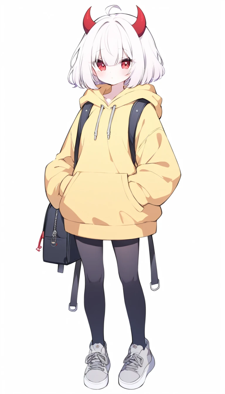 r, devil girl, little red horns, white hair, short fluffy hair, big red eyes, pale skin, rosy cheeks, medium breasts, red cheeks, yellow hooded coat, black pants, gray sneakers, black backpack, covered eyes through the hood, white background, full body
