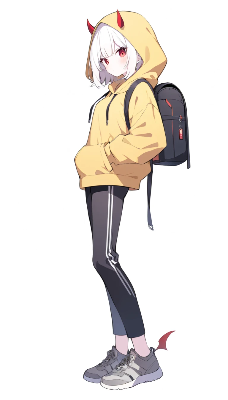 Teenager, devil girl, little red horns, white hair, short fluffy hair, big red eyes, pale skin, rosy cheeks, medium breasts, red cheeks, yellow hooded coat, black pants, gray sneakers, black backpack, covered eyes through the hood, white background, full body