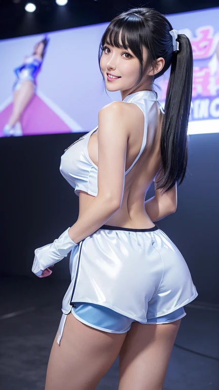 ((Back view))、((Big ass))、((Beauty)),((Shiny Hair)),((Glowing Skin)),((Very white skin)),韓国Beauty、Heavy makeup、Jet Black Hair、Long Hair、Twin tail hairstyle、((huge breasts:1.3))、((Race queen costume made of enamel material:1.3))、((Light blue and white clothes))、((Very small patent leather high leg shorts))、((Very small shorts:1.4))、((Very short costume:1.5))、The navel is visible、((Very tight outfit:1.3))、Convention Hall、((motor Show))、Small waist、sexy、((Very revealing clothing:1.6))、Sports cars are displayed、Smiling with mouth closed、(naked:1.2)