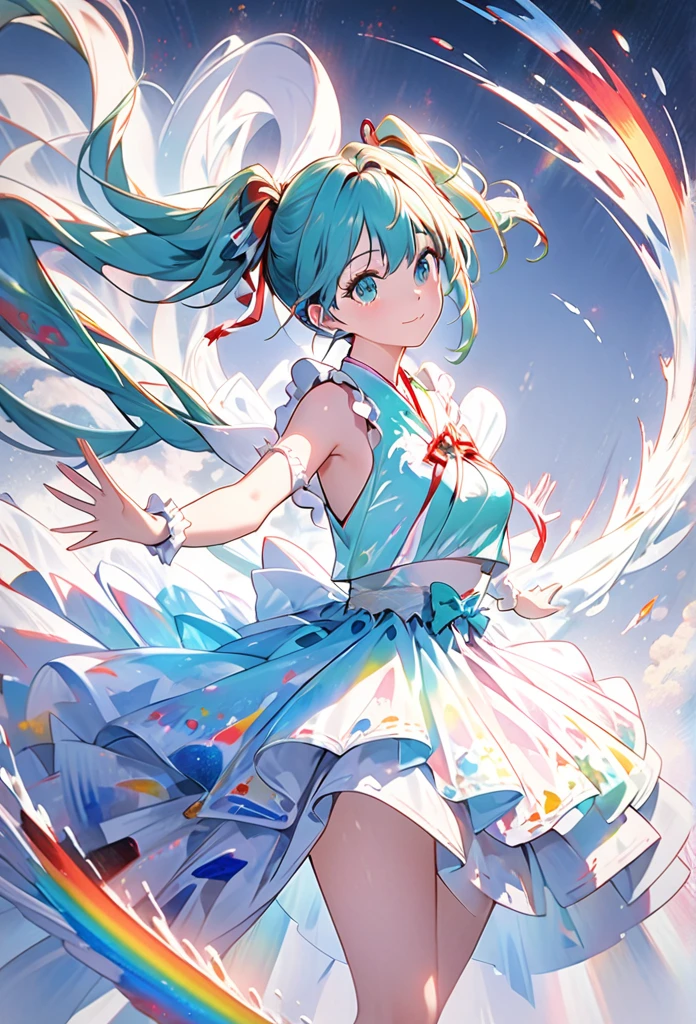 Miku Hatsune,Capturing the essence of wind with liquid ink,Caught in a vortex of pointillism,Crossing multiple random color spectrums,4K concept art,Extreme detail,Wheels within wheels,Luminous canvas,Idol costume,Dynamic,Clear glossy focus,Wheel within wheels detail to create perfect female face,Gorgeous,Top quality,Masterpiece