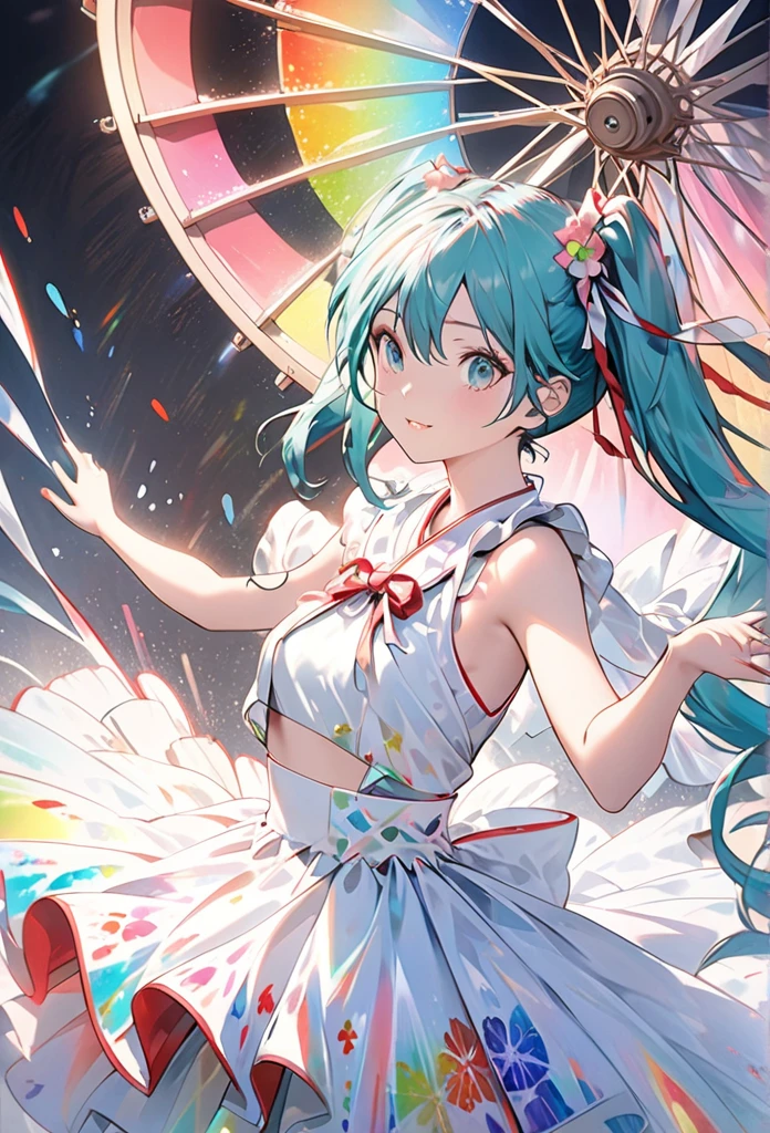 Miku Hatsune,Capturing the essence of wind with liquid ink,Caught in a vortex of pointillism,Crossing multiple random color spectrums,4K concept art,Extreme detail,Wheels within wheels,Luminous canvas,Idol costume,Dynamic,Clear glossy focus,Wheel within wheels detail to create perfect female face,Gorgeous,Top quality,Masterpiece