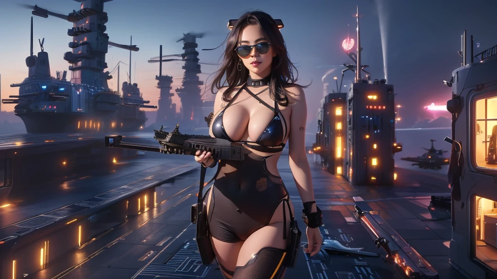 (((a large-breast bikini slim GIRL with black (micro) sunglasses))), (((((aiming at viewer with a pistol))))), a balcony of a futuristic building, aerial view of an ultra-futuristic megalopolis, metal buildings and houses in dark colors from dark blue to black, shades of metal gray, smoky metal structures, industrial environment with smoke and fog around, dark cars on the streets, desert megalopolis, modern metal rails and trains passing through, tall futuristic metal buildings, ultra modern buildings, (((((futuristic aircraft carrier))))), realistic, detailed, sci-fi.
