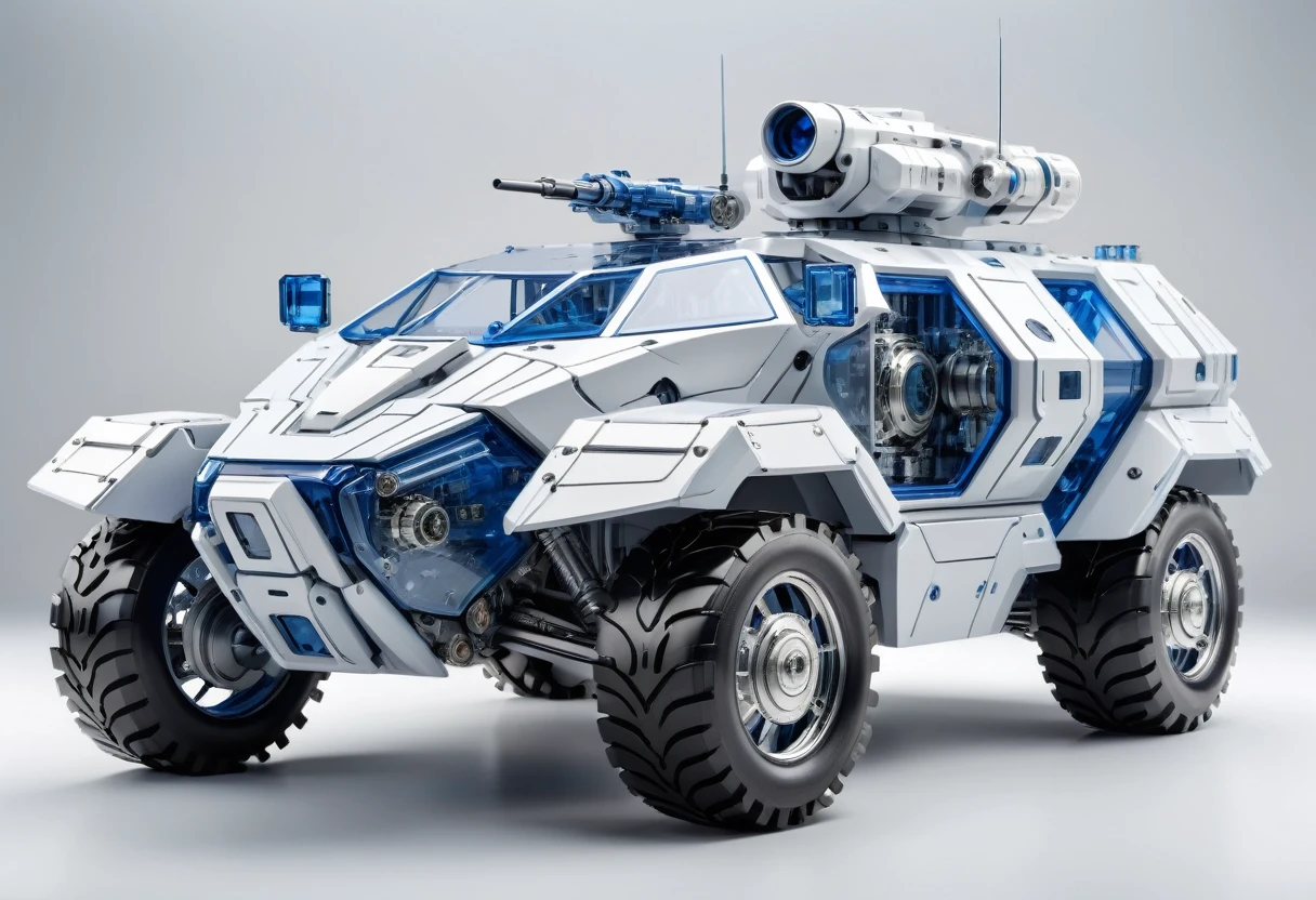 solid light grey background, White and blue transparent mechanical armored vehicle , Complex and sophisticated internal structure, (Well-designed, High Detail, masterpiece, best quality, Ultra HD, Sharpen details)