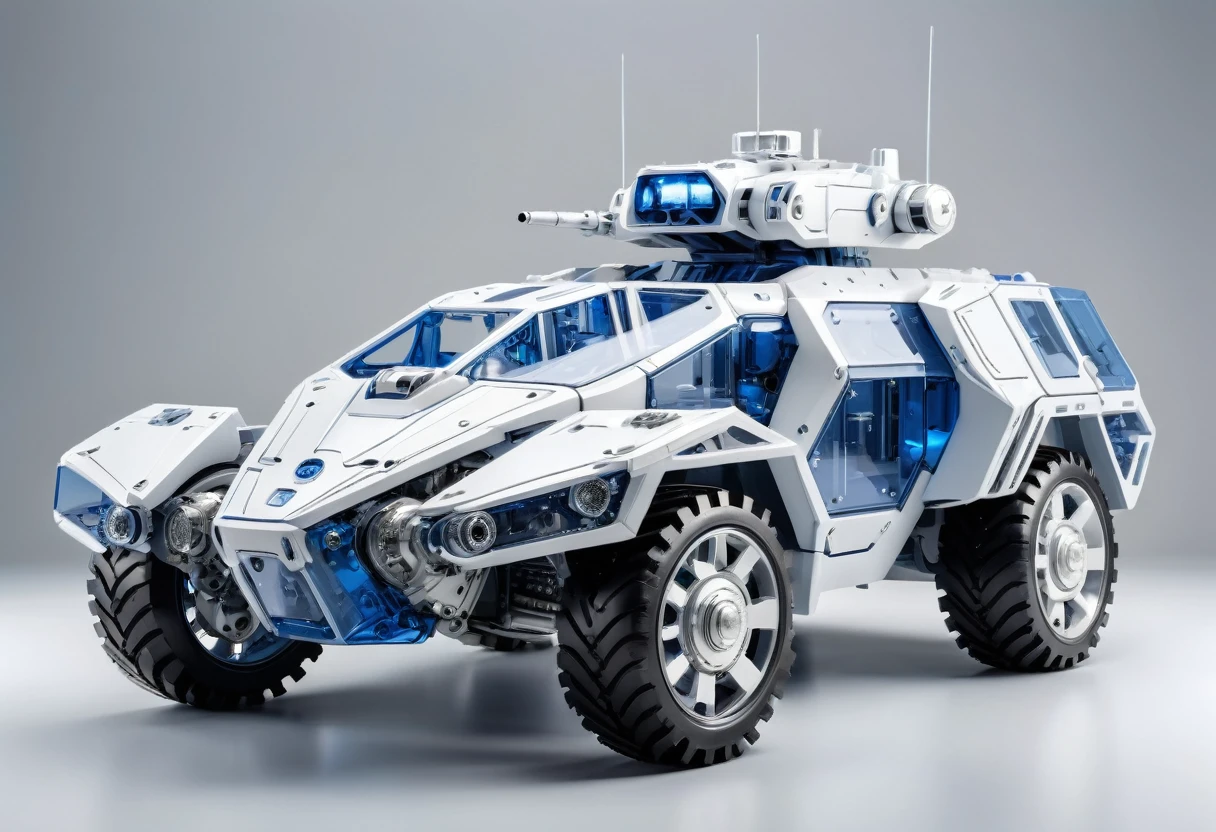 solid light grey background, White and blue transparent mechanical armored vehicle , Complex and sophisticated internal structure,  (Well-designed, High Detail, masterpiece, best quality, Ultra HD, Sharpen details)