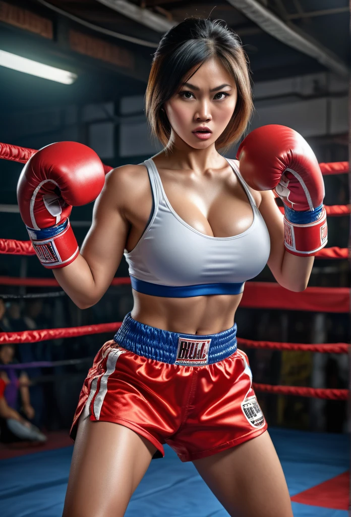 1 hyper-realistic real photo, full body frontal, sexy pose, huge breasts, beautiful breasts, a beautiful Indonesian girl with a slim body, boxing, passionately, and angrily, preparing to throw a hard punch, accompanied by urgent kinetic energy, image high grain, ultra HDR extreme,incredibly absurdres, ultra detailed, high resolution, realistic lighting, photorealism, hyperrealism,masterpiece,vibrant colors,stunning visuals,ultra skin texsture,stable diffusion,perfect anatomy,crazy details