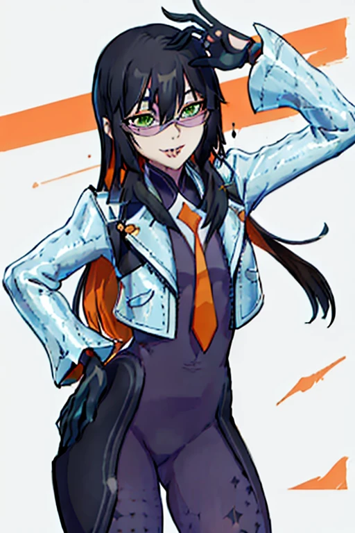 Daraku, Alone, 1girl, glasses, green eyes, jacket, bodysuit, orange tie, long hair, gloves, smile, vampire, sexy body, best quality, masterpiece 