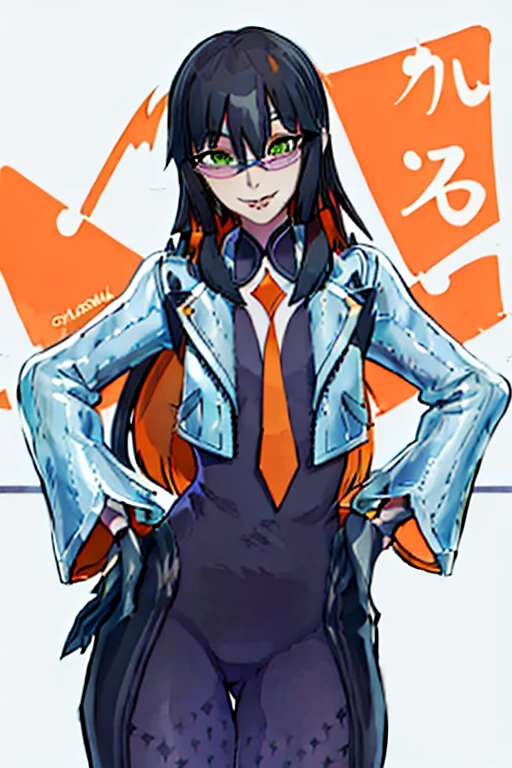 Daraku, Alone, 1girl, glasses, green eyes, jacket, bodysuit, orange tie, long hair, gloves, smile, vampire, sexy body, best quality, masterpiece