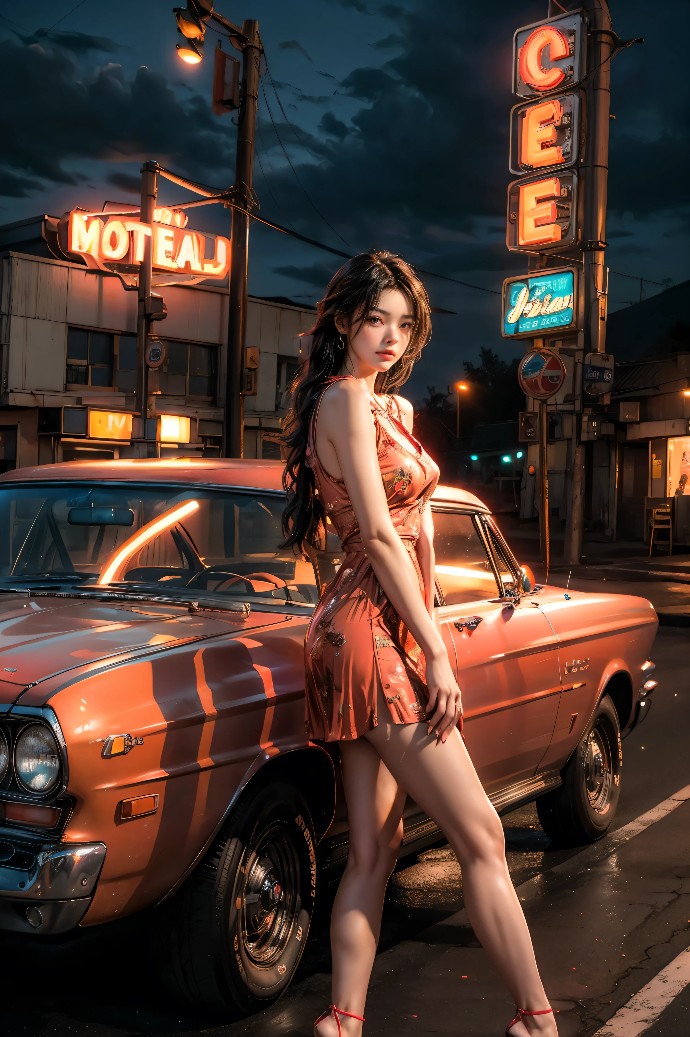 ((masterpiece, best quality, Best image quality, high resolution, realistic, raw photo, 8K)), Araped view of motel with cars parked in front, with neon sign, Woman waiting for guests in front of motel, Temptation, short dress and high heels, route 66, neon sign, 1 9 5 0 Second Americana Tourism, some have neon sign, Neon Lights Outside, neon advertising, gigantic neon sign, neon stores, few neon sign, neon sign in background,