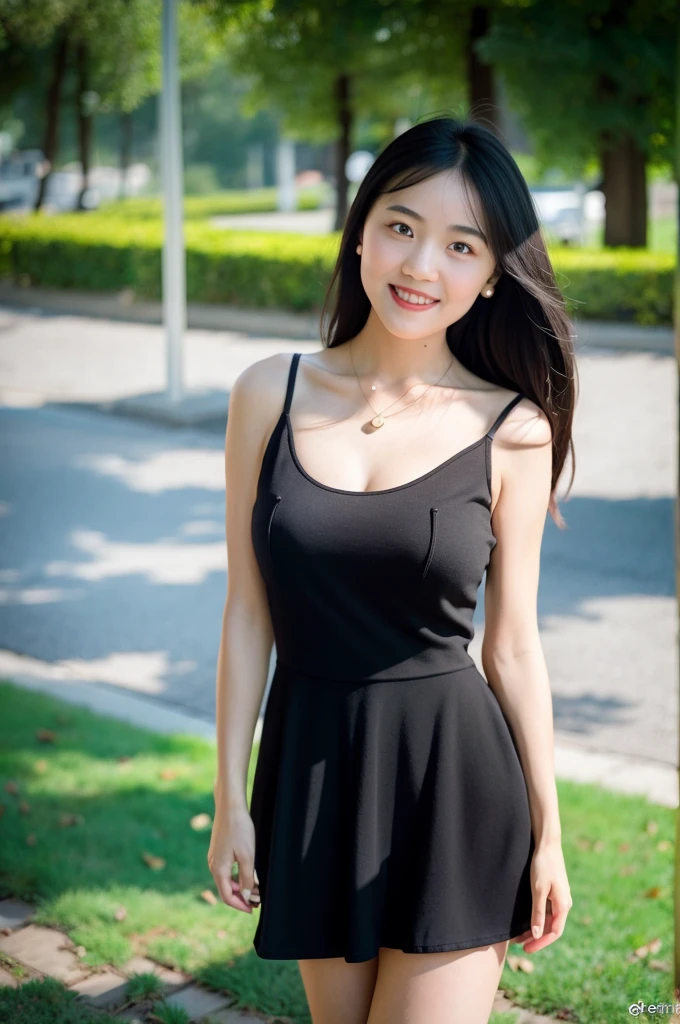 depth of field,blurry background,(8k, RAW photo, best quality, masterpiece:1.2),(realistic, photo-realistic:1.37),xiaoyuan,1girl,smile,big eyes,standing,black shirt,white dress,bare thighs,collarbone,necklace,large breasts,jewelry,bangs,outdoors,(pureerosface_v1:0.7)