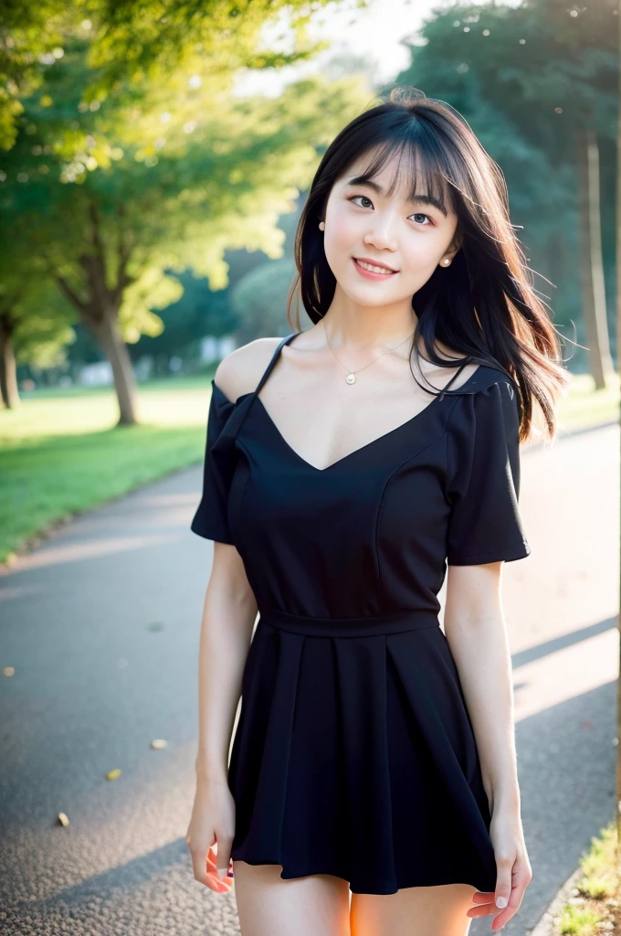 depth of field,blurry background,(8k, RAW photo, best quality, masterpiece:1.2),(realistic, photo-realistic:1.37),xiaoyuan,1girl,smile,big eyes,standing,black shirt,white dress,bare thighs,collarbone,necklace,large breasts,jewelry,bangs,outdoors,(pureerosface_v1:0.7)