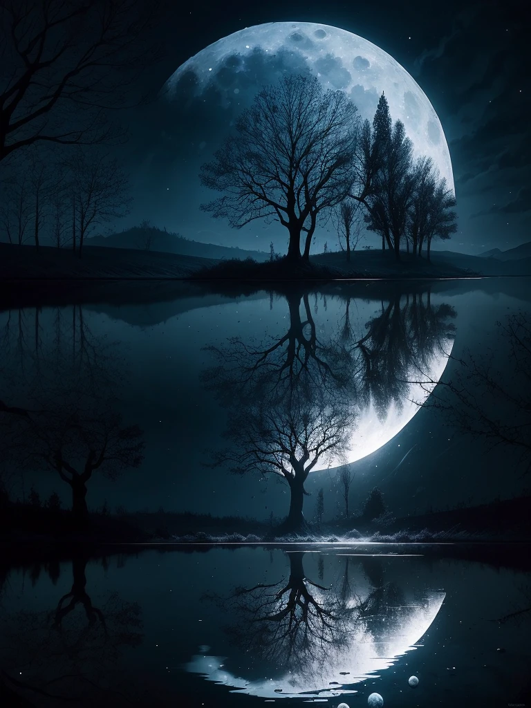 arafed image of a tree in a puddle with a full moon in the background, a photo by Igor Zenin, flickr, fantasy art, reflection of the moon, sandy white moon landscape, beautiful image ever created, beautiful!!! digital art, beautiful moonlight, gorgeous composition, moon landscape, surreal scene, beautiful moon light, amazing composition, beautiful art