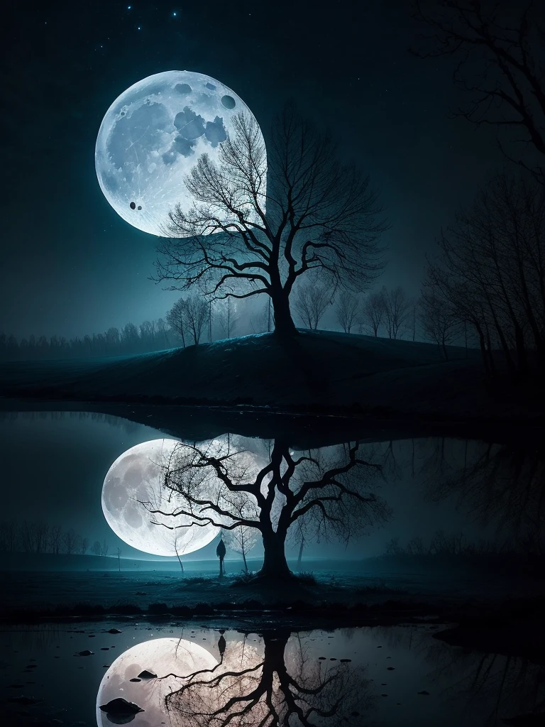 arafed image of a tree in a puddle with a full moon in the background, a photo by Igor Zenin, flickr, fantasy art, reflection of the moon, sandy white moon landscape, beautiful image ever created, beautiful!!! digital art, beautiful moonlight, gorgeous composition, moon landscape, surreal scene, beautiful moon light, amazing composition, beautiful art