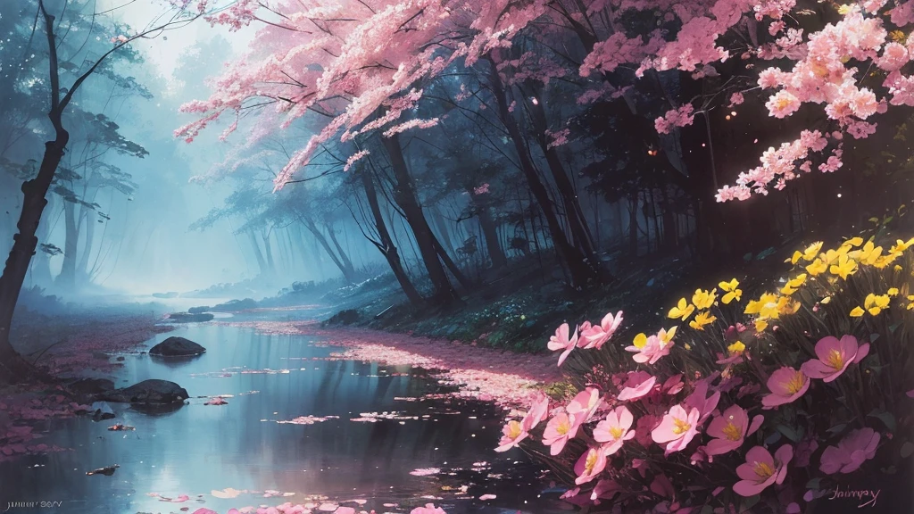 32k, Masterpiece, Highest quality, One girl, Brown Hair, Detailed eyes, flower,Freesia, Pink and navy style,A dreamy, romantic piece,Pale yellow, Mysterious Leaves,A playful arrangement,Fantasy,High Contrast,Ink strokes,explosion,Exposure, Impression of pink and navy tones,Abstract,((Watercolours by John Berkey and Jeremy Mann )) Brush strokes,Negative Space, Tyndall effect,