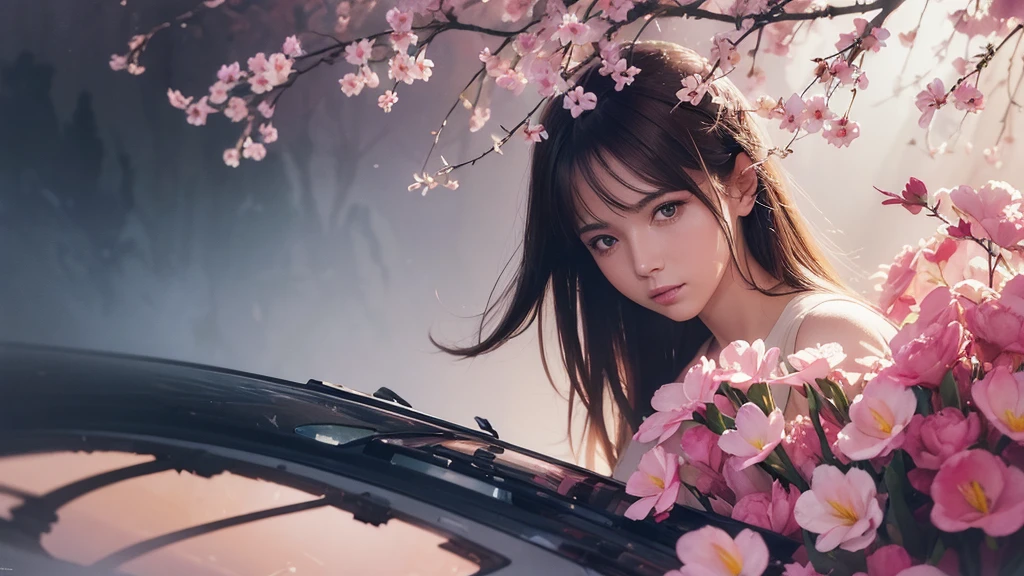 32k, Masterpiece, Highest quality, One girl, Brown Hair, Detailed eyes, flower,Freesia, Pink and navy style,A dreamy, romantic piece,Pale yellow, Mysterious Leaves,A playful arrangement,Fantasy,High Contrast,Ink strokes,explosion,Exposure, Impression of pink and navy tones,Abstract,((Watercolours by John Berkey and Jeremy Mann )) Brush strokes,Negative Space, Tyndall effect,