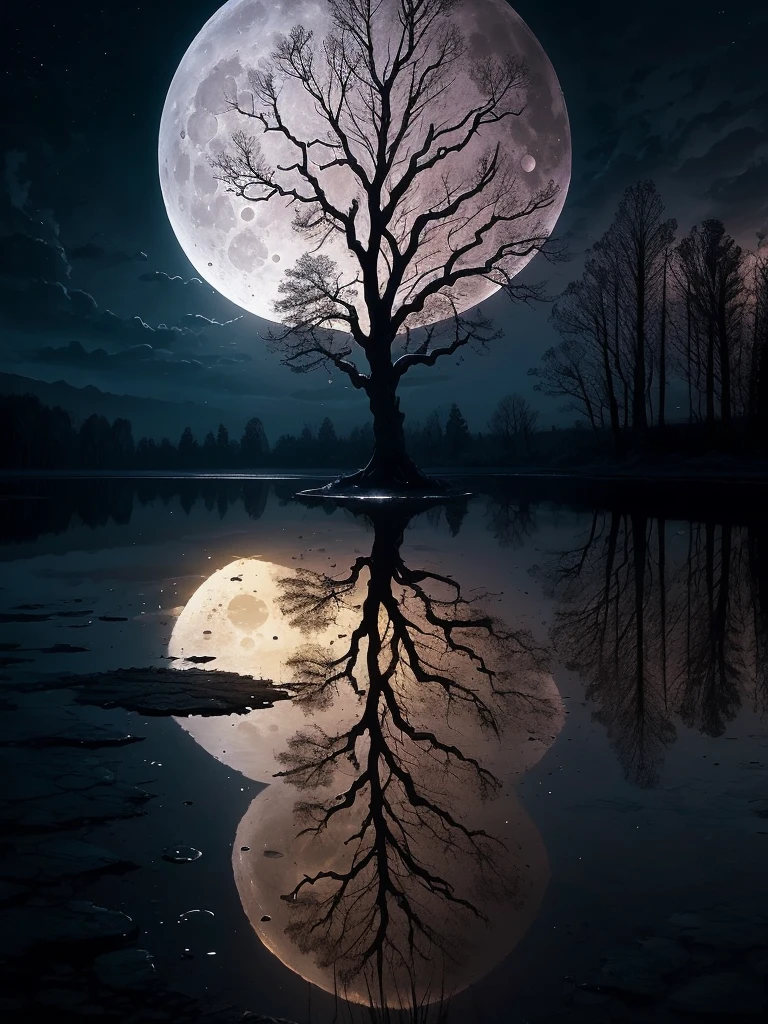 arafed image of a tree in a puddle with a full moon in the background, a photo by Igor Zenin, flickr, fantasy art, reflection of the moon, sandy white moon landscape, beautiful image ever created, beautiful!!! digital art, beautiful moonlight, gorgeous composition, moon landscape, surreal scene, beautiful moon light, amazing composition, beautiful art