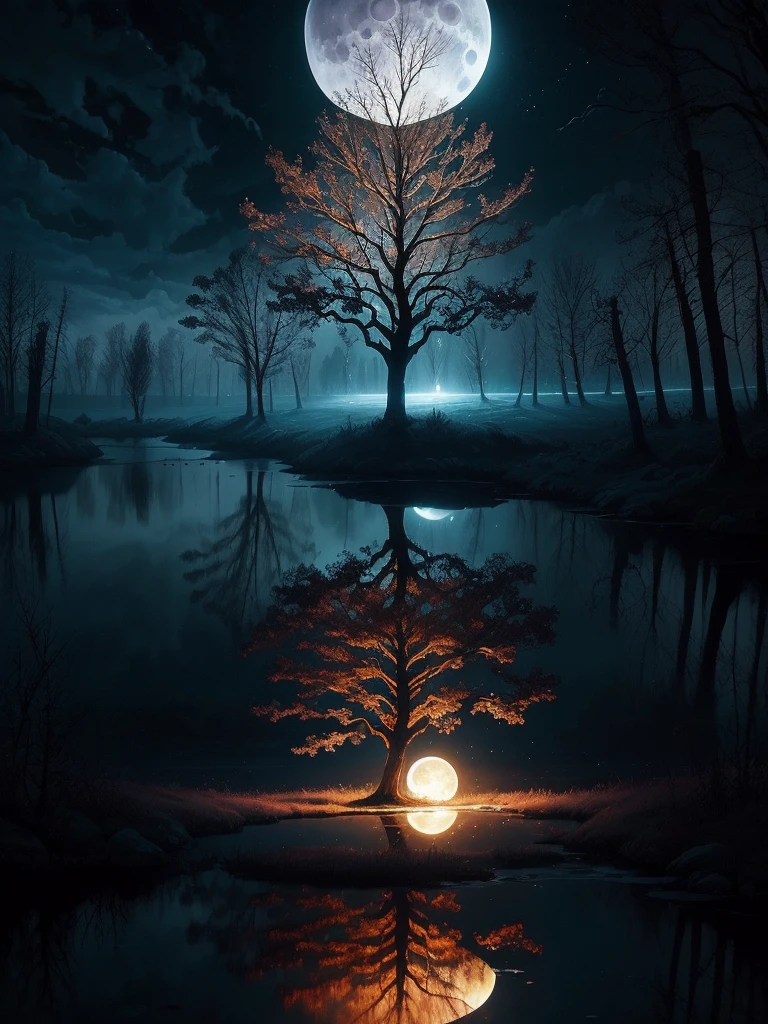arafed image of a tree in a puddle with a full moon in the background, a photo by Igor Zenin, flickr, fantasy art, reflection of the moon, sandy white moon landscape, beautiful image ever created, beautiful!!! digital art, beautiful moonlight, gorgeous composition, moon landscape, surreal scene, beautiful moon light, amazing composition, beautiful art