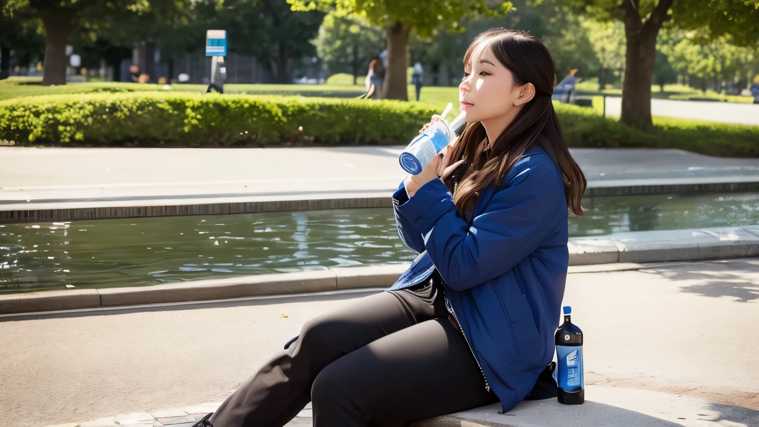 Woman drinking bottled water in the park