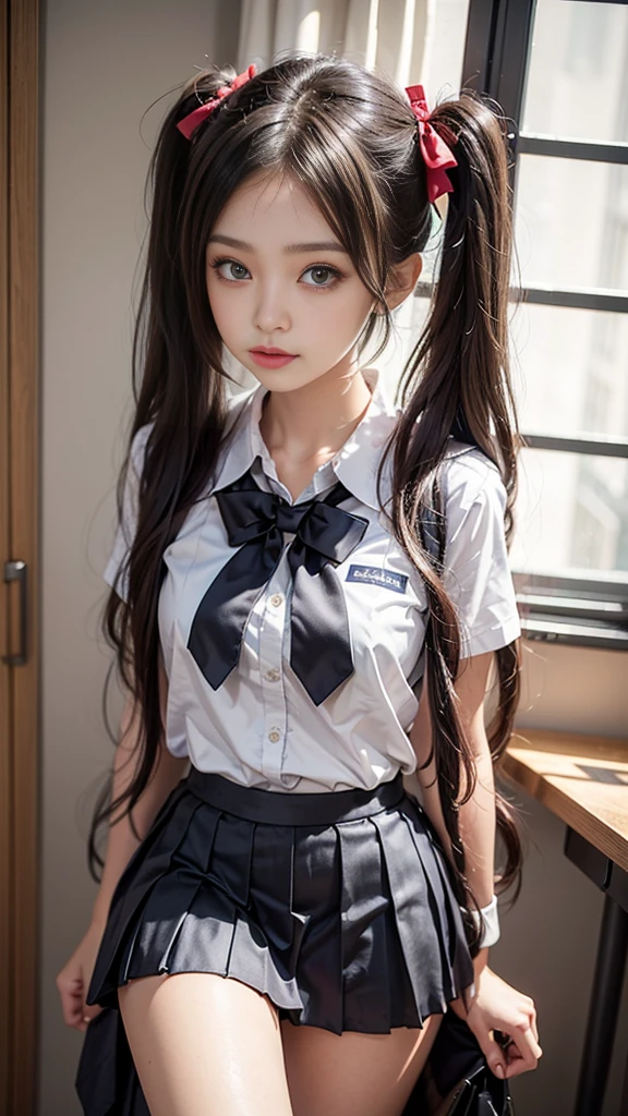 (High , Pleated mini-skirt:1.3), ((high-school uniform)),bow ribbon、 , 2girls,  Twintail hairstyles,pretty eyes、4k,8k,