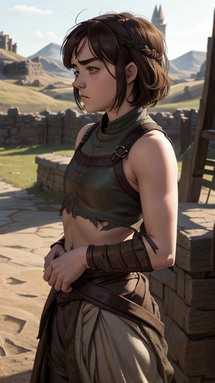 8k, Maisie Williams face, pale skin, toned abs, small breast, round ass, her round ass visible, brown hair, Maisie Williams as Arya Stark, torn ragged peasant clothes, standing stance, winterfell in background