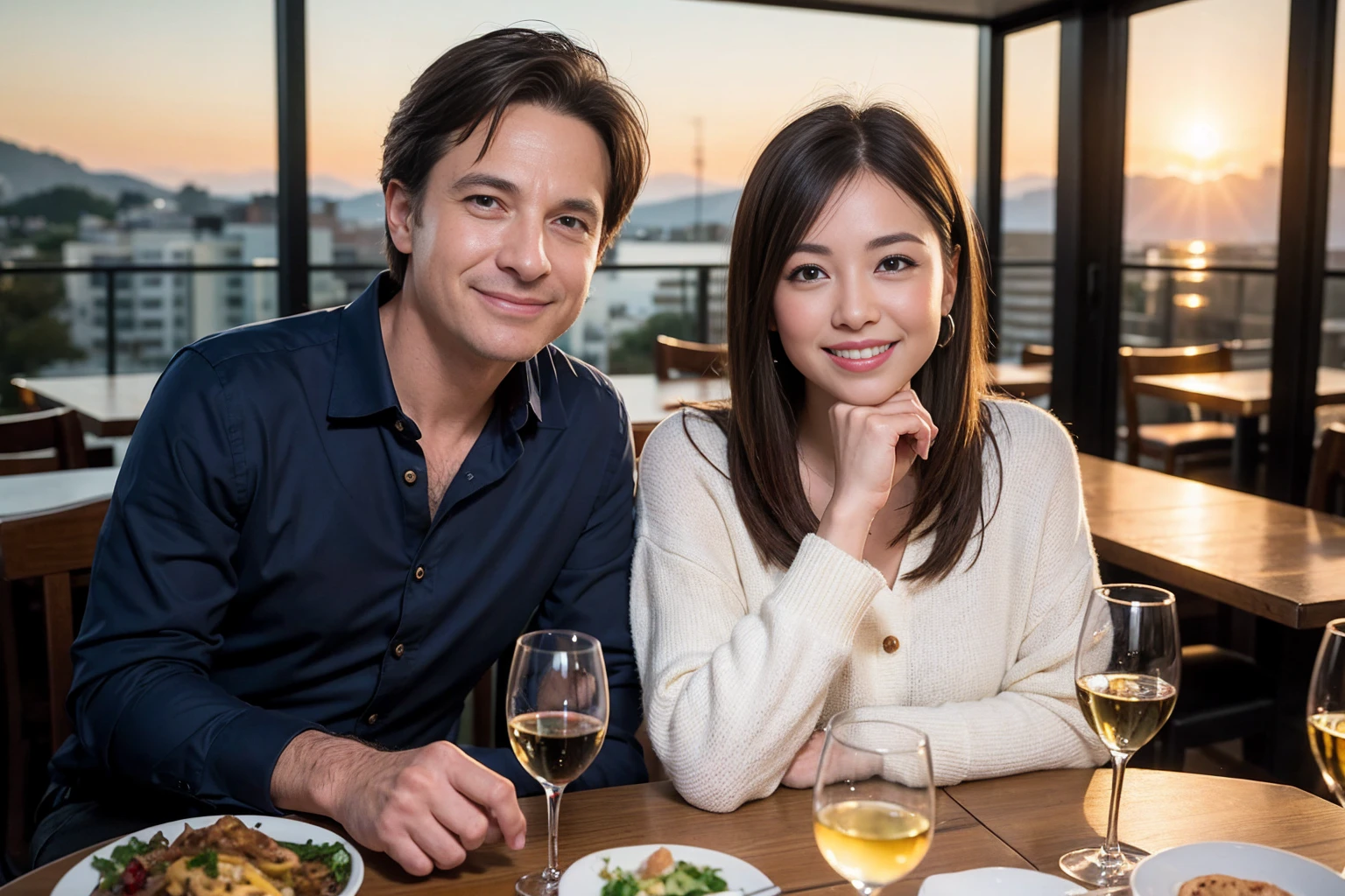 ((Highest quality、、masterpiece:1.3))、1 male 1 female、42 years old 39 years old、Slim Beauty、Beautiful couple、smile、 (Slim face), (the body is スリム), (Brown Hair), (Shortcuts), テーブルのフルコースディナーとwine glass、Amazing view of the sunset sky and clouds、smileの美しさ、Wine bottle、sparkling wine、Long sleeve shirt、dress、White wine, red wine, wine glass,