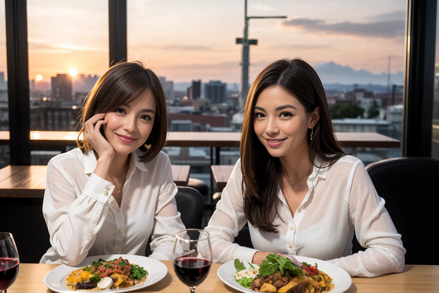 ((Highest quality、8K、masterpiece:1.3))、1 male 1 female、Eri Fukatsu、Beautiful couple、smile、full-course dinner、 (Slim face), (the body is スリム), (Brown Hair), (Shortcuts), ((Bob Hale、Straight hair:1.2)), テーブルの上のwine glass、Put the light on your face、 Amazing view of the sunset sky and clouds、smileの美しさ、Bright image、Blushing, Shortcuts, (43 years old), 39 years old, Appetizers、Italian food、Wine bottle、Champagne、sparkling wine、Long sleeve shirt、dress、Attractive beauty、restaurant, Nova Frog Style, actress, model, Upper Body, White wine, red wine, wine glass,