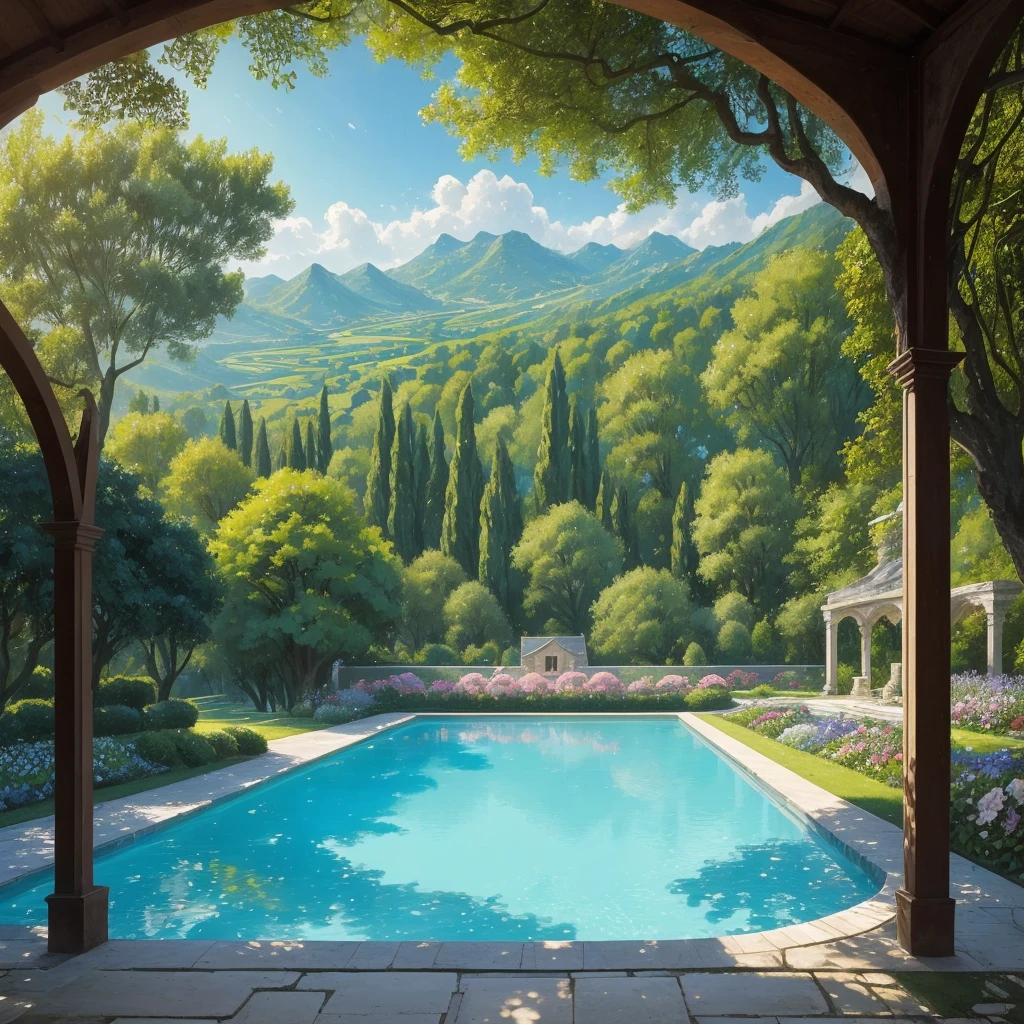 a view of a pool surrounded by trees and flowers in a garden, many plants and infinite pool, by Bernard D’Andrea, 🌻🎹🎼, with a garden as foreground, by André Bauchant, by Henriette Grindat, green grasse trees and river, terraced orchards and ponds, by Albert Dorne, lush garden in the background