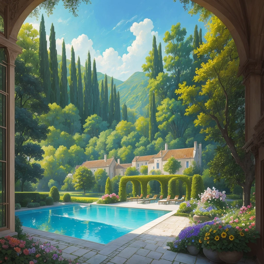 a view of a pool surrounded by trees and flowers in a garden, many plants and infinite pool, by Bernard D’Andrea, 🌻🎹🎼, with a garden as foreground, by André Bauchant, by Henriette Grindat, green grasse trees and river, terraced orchards and ponds, by Albert Dorne, lush garden in the background