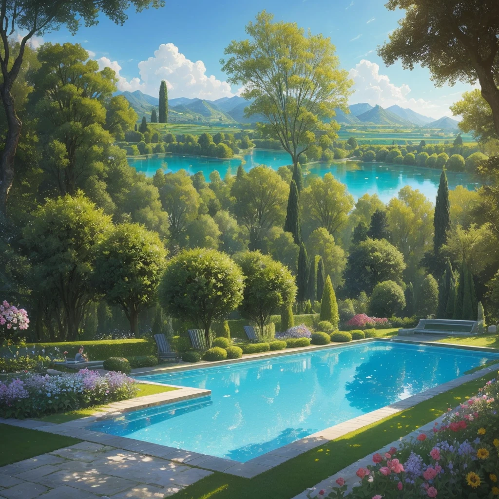 a view of a pool surrounded by trees and flowers in a garden, many plants and infinite pool, by Bernard D’Andrea, 🌻🎹🎼, with a garden as foreground, by André Bauchant, by Henriette Grindat, green grasse trees and river, terraced orchards and ponds, by Albert Dorne, lush garden in the background