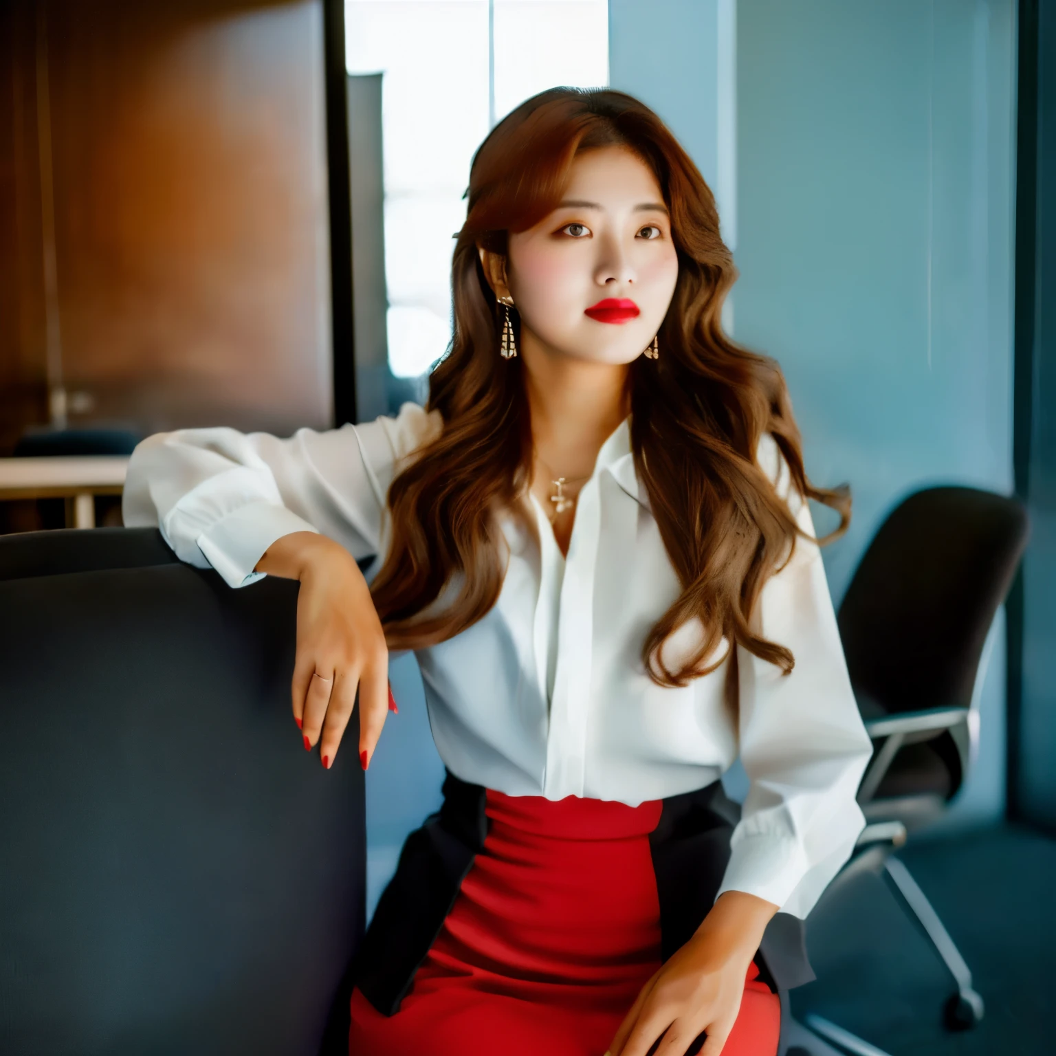 Woman in office dress leaning against red fire hydrant, wearing vest, wearing black modern clothes, cindy avelino, modern darna portrait, ,nivanh chanthara,