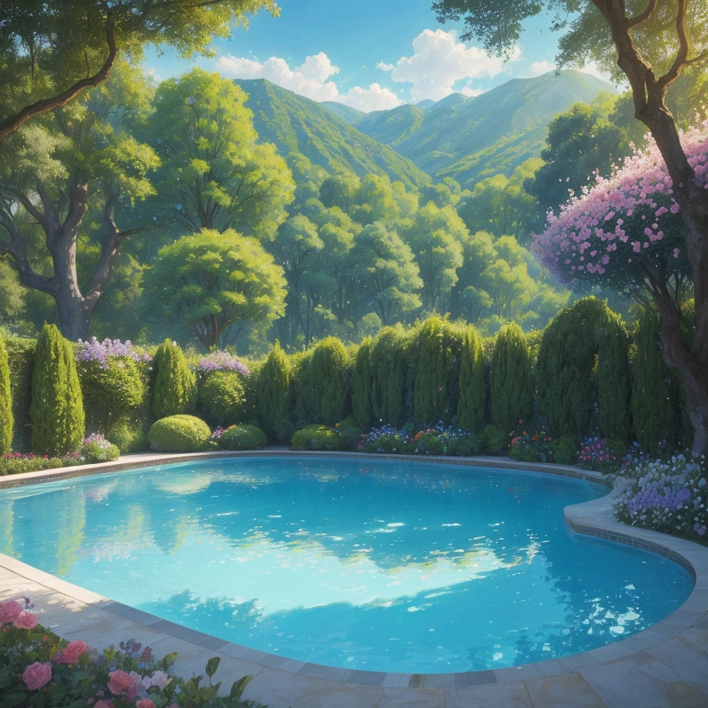 a view of a pool surrounded by trees and flowers in a garden, a pastel by Bernard D’Andrea, flickr, renaissance, many plants and infinite pool, 🌻🎹🎼, with a garden as foreground, green grasse trees and river, terraced orchards and ponds, lush garden in the background, incredibly beautiful, visually pleasing, soothing and cozy landscape
