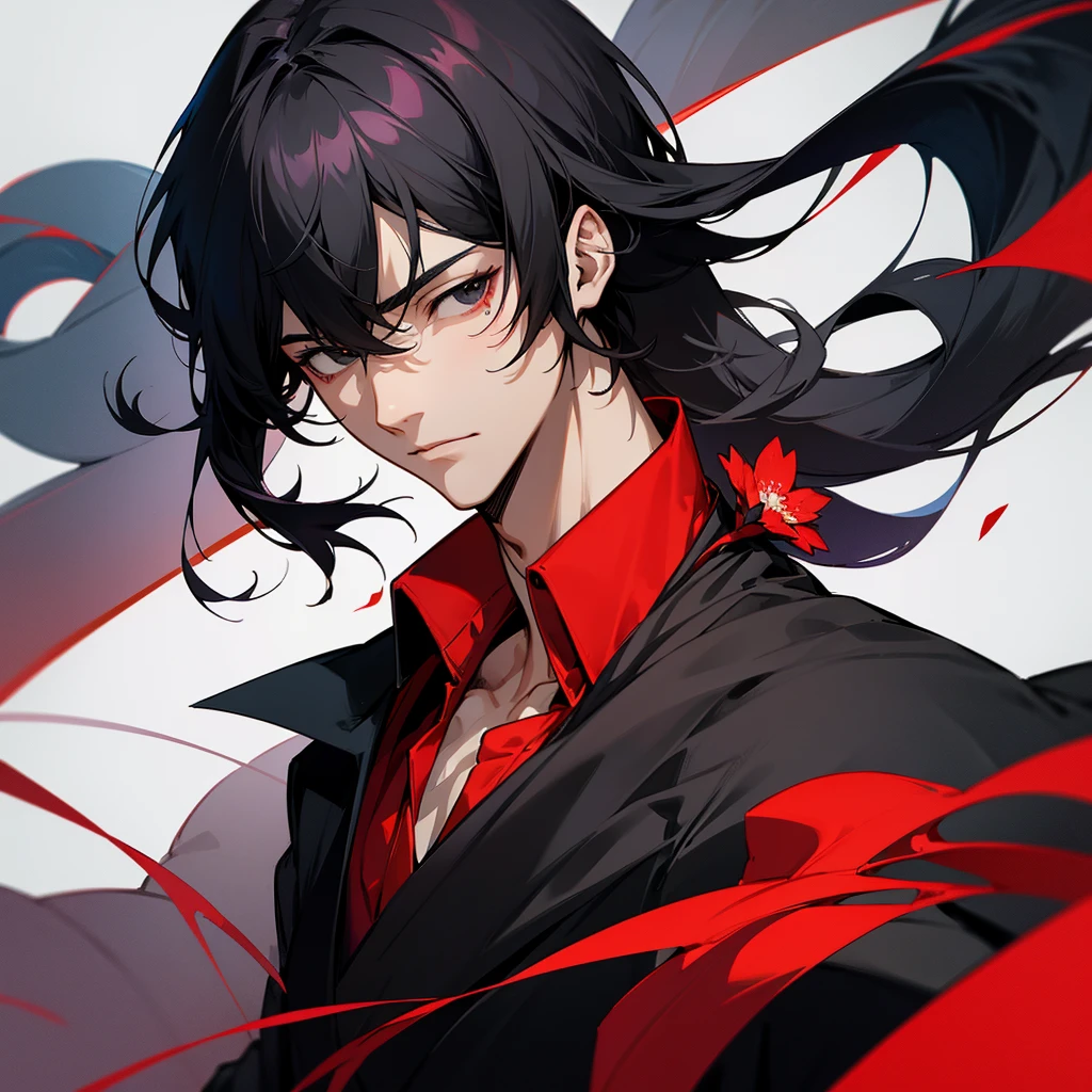 anime characters, a handsome man, black hair, wearing black and red clothes, has a flower tattoo on his neck, calm face, black eyes, wearing a necklacle, hair with bangs parted in the middle