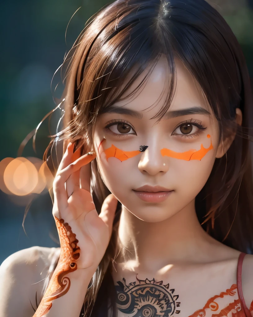 A portrait of a Asia woman with intricate neon henna tattoos covering her face, body, and hands. The tattoos are in shades of red and orange, detailed with precision. Her skin has a soft glow as she is backlit, creating a mesmerizing effect. The image quality is incredibly high at 32k resolution, capturing every minute detail with stunning clarity.